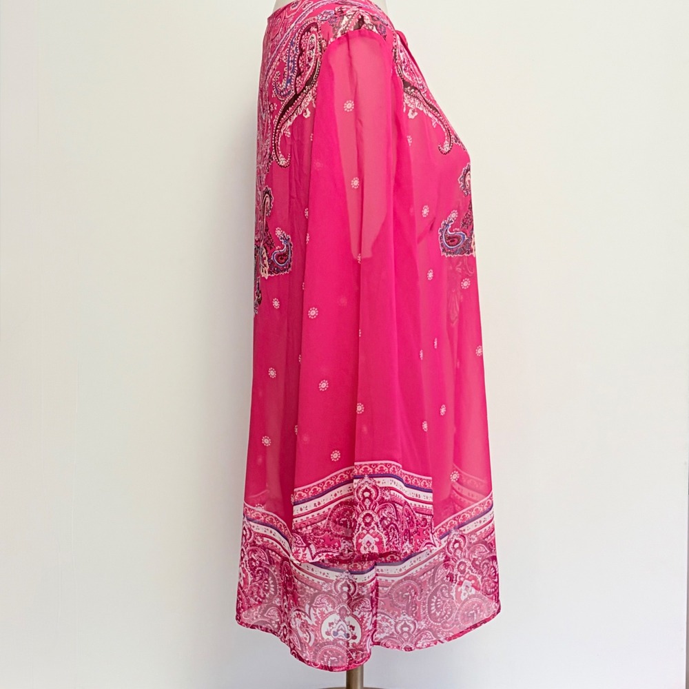 Susan Graver Tunic L Pink Paisley Chiffon Tie Neck Long Sleeve Blouse - Picture 4 of 8